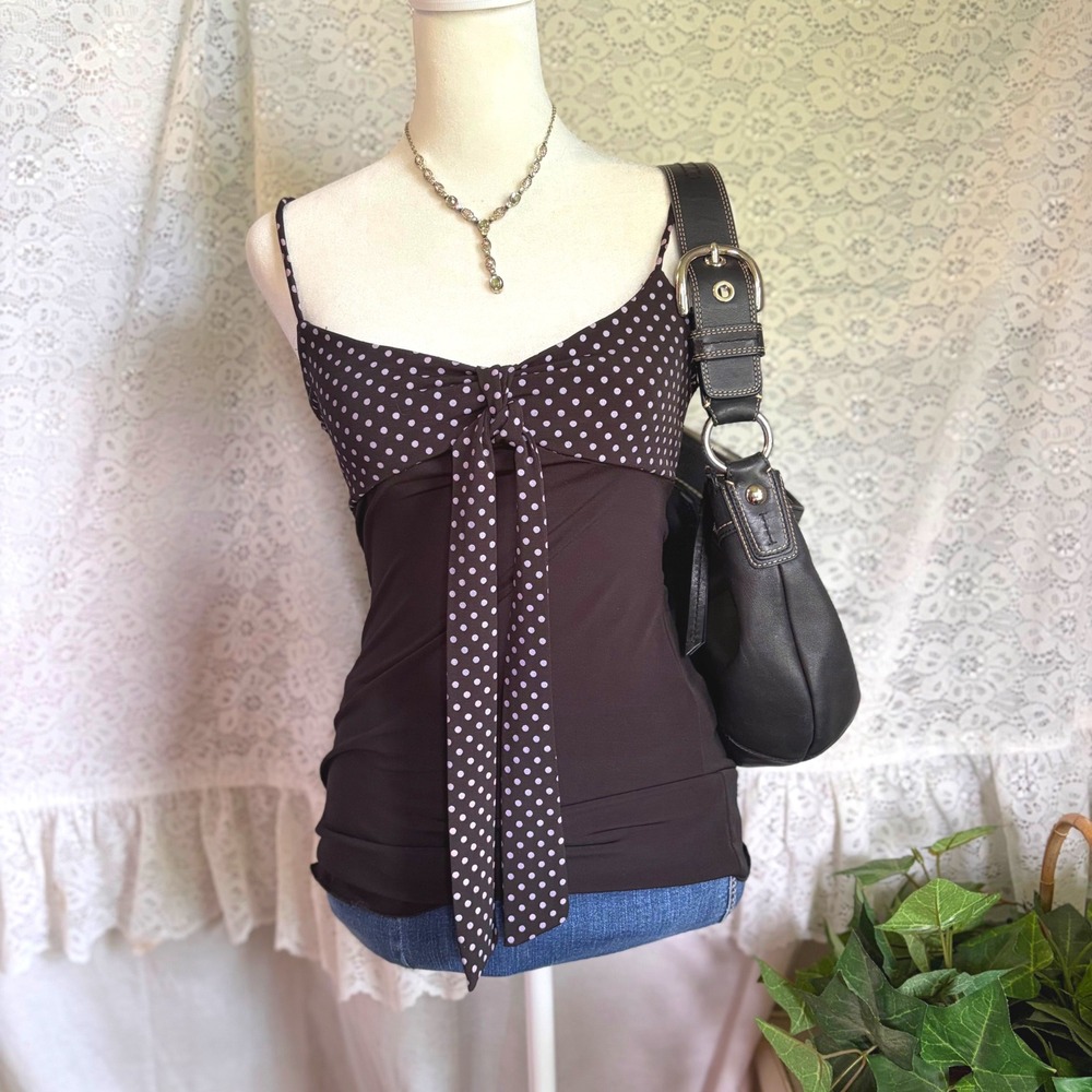 RARE Y2K Polka Dot Babydoll Tie Front Cami Top Spaghetti Strap Size XS